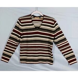 i.e. Petite Women's PM Burgundy Gray Striped Long Sleeve Metallic Sparkly Top